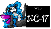 A panda girl with blue hair & purple wings leaning against a black square with white text reading WEB NC-17 as a way to indicate the site's rating